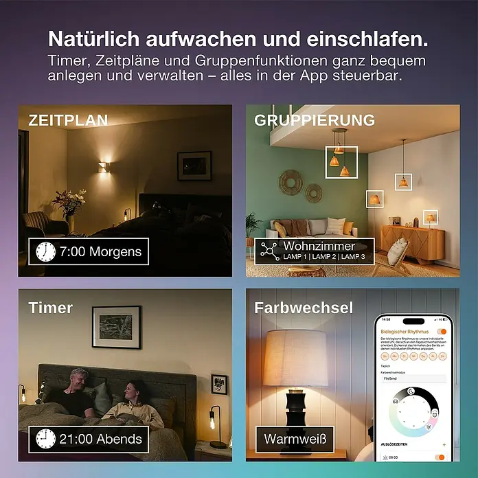 Osram Smart+ Smart-LED-Lampe matter - E27, Dimmbar, RGBW, 1.521 lm, 14 W - Smart-Home-Beleuchtung: Natürliches Aufwachen und Einschlafen dank Timer, Zeitplänen und Gruppenfunktionen, alles steuerbar per App.