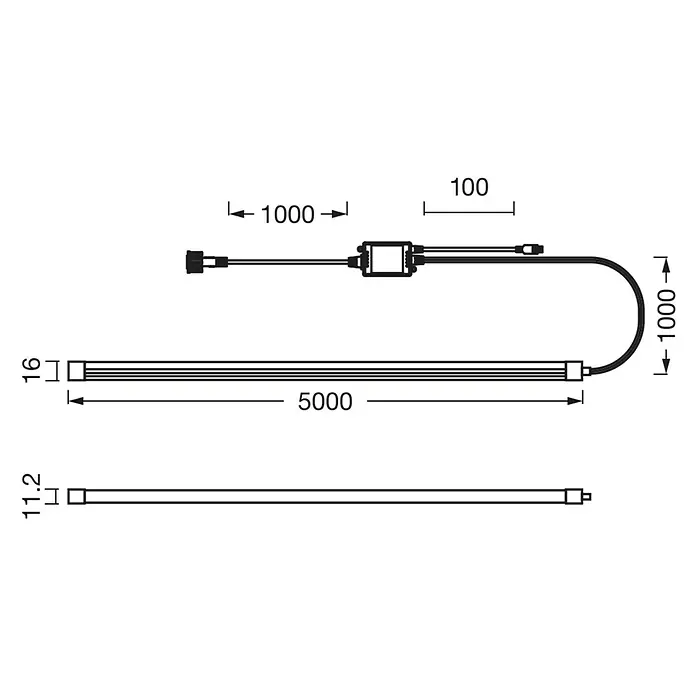 Osram Smart+ LED-Band Flex - Länge: 500 cm, Lichtfarbe: RGB, 24 W, 220 V - 240 V - Technische Zeichnung einer LED-Leuchte mit den Maßen 5000 mm Länge und 16 mm Höhe, inklusive Kabellängen.