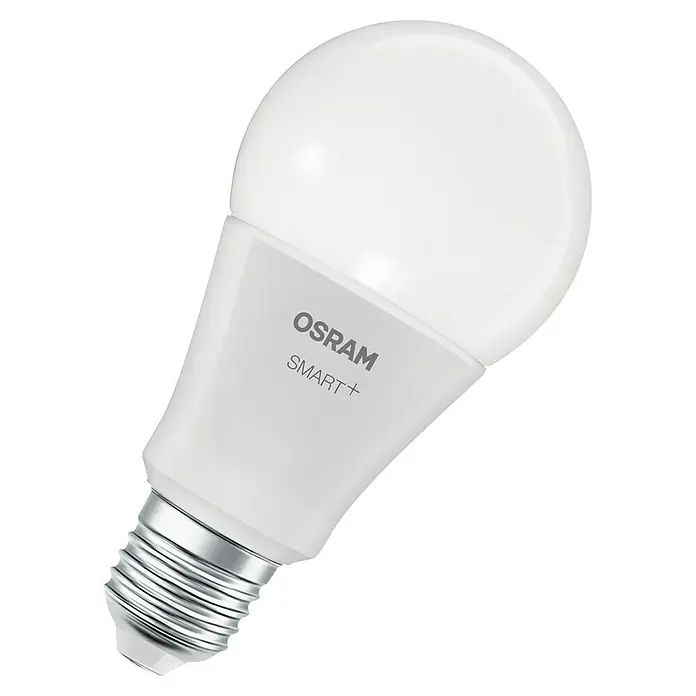 Osram Smart+ Smart-LED-Lampe matter - E27, Dimmbar, RGBW, 1.521 lm, 14 W - Nahaufnahme einer OSRAM SMART+ LED-Lampe mit E27-Sockel und matter Oberfläche. Energiesparende Beleuchtung für ein intelligentes Zuhause.