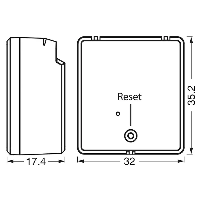 Osram Smart+ Schalter 1CH - Weiß, Innen - Skizze eines Geräts mit den Maßen 35,2 x 32 x 17,4 mm und einem Reset-Knopf.