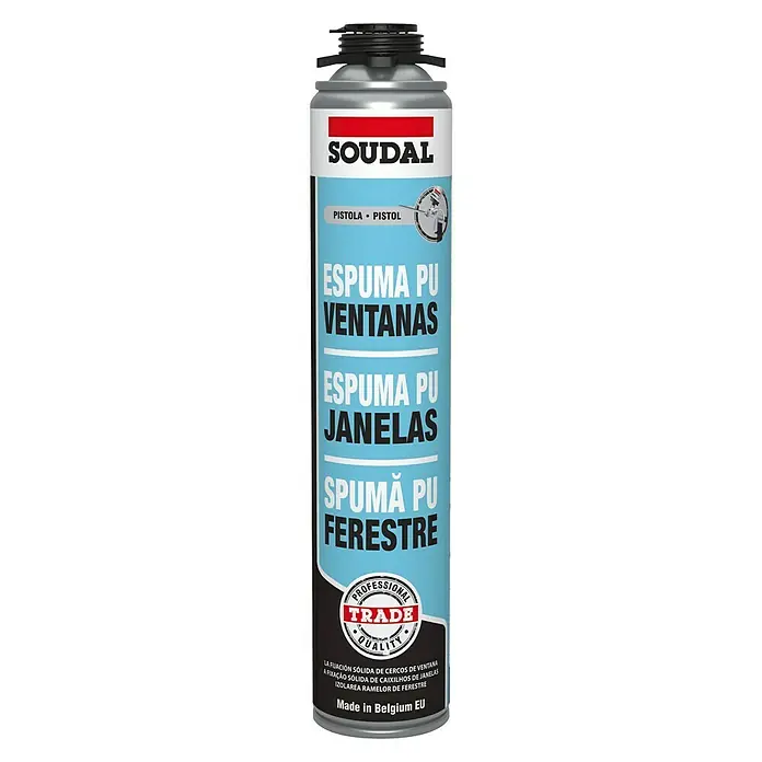 Soudal Espuma para pistola PU Ventanas - 750 ml - Bote de espuma de PU Soudal para ventanas, ideal para sellar y aislar marcos.