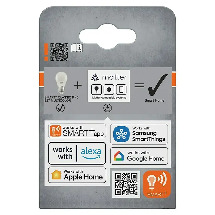 Osram Smart+ Smart-LED-Lampe matter - E27, Dimmbar, RGBW, 470 lm, 4,9 W - Produktverpackung einer smarten SMART+ Classic P 40 E27 Multicolor Lampe, kompatibel mit Matter, Alexa, Google Home und Apple Home.