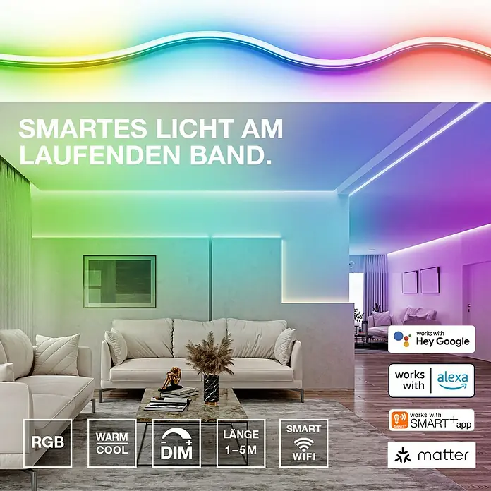 Osram Smart+ LED-Band Flex - Länge: 200 cm, Lichtfarbe: RGBW, 8,5 W, 500 lm, 220 V - 240 V - Smartes LED-Lichtband für flexible Beleuchtung. RGB, warmweiß, dimmbar, 1–5 m Länge, WLAN-Steuerung, kompatibel mit Sprachassistenten.