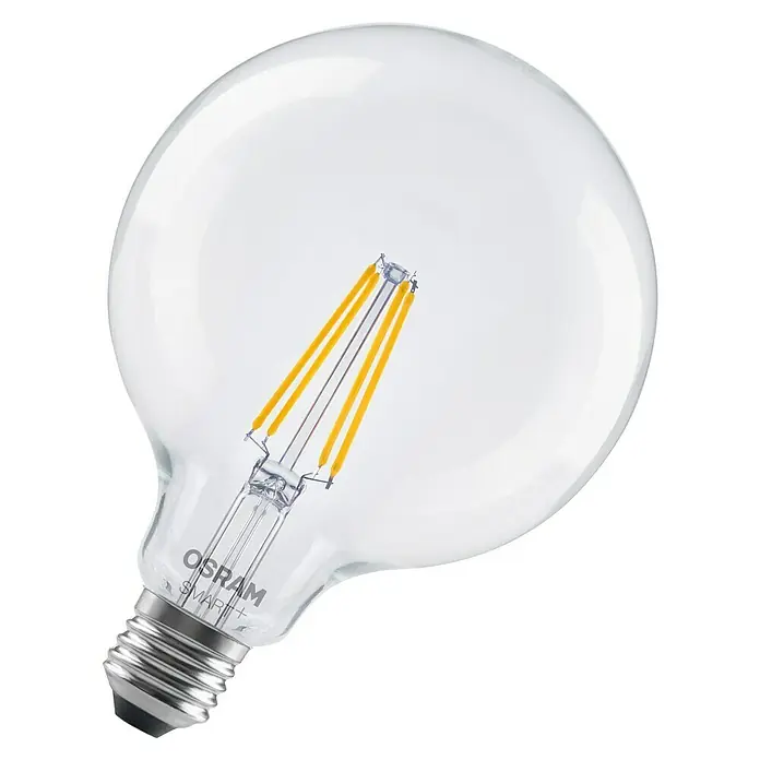 Osram Smart+ Smart-LED-Lampe Globe matter - E27, Dimmbar, Warmweiß, 806 lm, 6 W - Nahaufnahme einer Osram Smart+ LED-Lampe mit klarem Glaskolben und sichtbaren Filamenten.