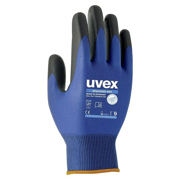 Uvex Arbeitshandschuhe Phynomic Wet - Blau, 8 - Nahaufnahme eines Uvex Phynomic Wet Schutzhandschuhs, ideal für Arbeiten, die Schutz und Feingefühl erfordern.