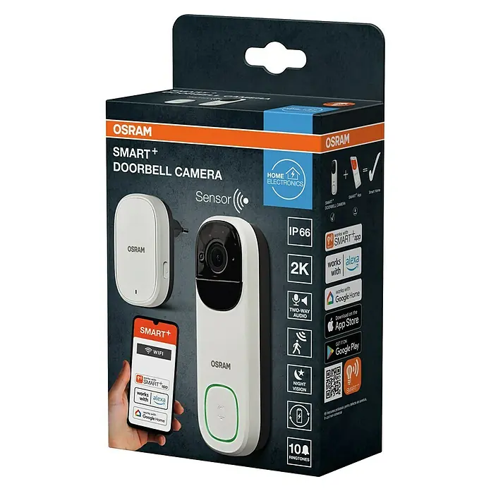 Osram Smart+ Türklingel mit Kamera - Weiß - Produktverpackung der OSRAM SMART+ Türklingelkamera mit zugehörigem Zubehör und App-Kompatibilität.