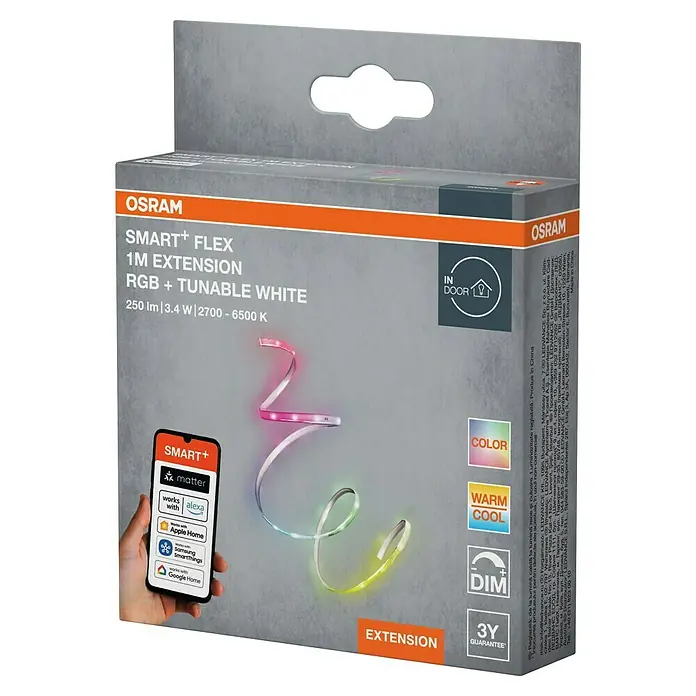 Osram Smart+ LED-Band Flex - Länge: 100 cm, Lichtfarbe: RGBW, 3,4 W, 250 lm, 220 V - 240 V - Osram Smart+ Flex 1M Extension: RGB + Tunable White. Dieses Produkt bietet 250lm, 3.4W und 2700 - 6500 K für den Innenbereich.