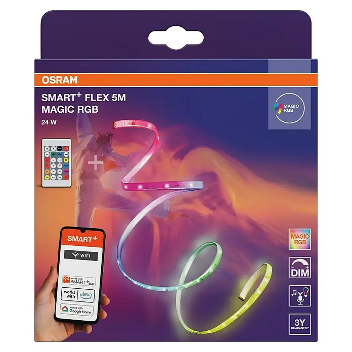 Ledvance LED-Stripes Smart WiFi Magic RGB Flex - Länge: 5 m, Lichtfarbe: RGB, 24 W - Verpackung der OSRAM SMART+ Flex 5M MAGIC RGB LED-Streifen, die mit einer App und Sprachassistenten gesteuert werden können.