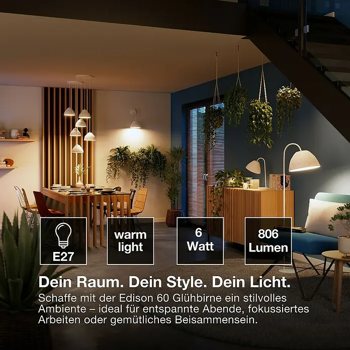 Osram Smart+ Smart-LED-Lampe Edison matter - E27, Dimmbar, Warmweiß, 806 lm, 6 W - Die Edison 60 Glühbirne bietet E27-Sockel, warmes Licht, 6 Watt Leistung und 806 Lumen Helligkeit für stilvolles Ambiente.