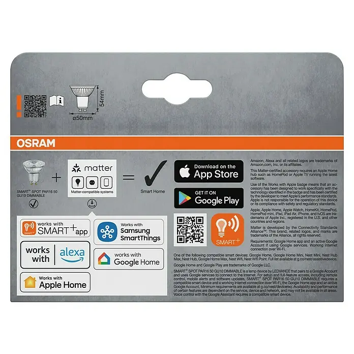 Osram Smart+ Smart-LED-Lampe matter - GU10, Dimmbar, Warmweiß, 350 lm, 4,7 W, 3 Stk. - Produktverpackung für OSRAM SMART+ SPOT PAR16 50 GU10 DIMMABLE Lampe, kompatibel mit Smart Home Systemen.
