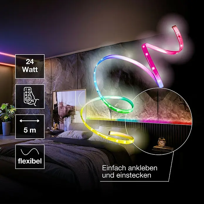 Ledvance LED-Stripes Smart WiFi Magic RGB Flex - Länge: 5 m, Lichtfarbe: RGB, 24 W - Produktfoto: Das LED-Band für stimmungsvolle Beleuchtung im Schlafzimmer. Einfach anzubringen und flexibel einsetzbar.