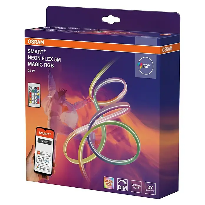 Osram Smart+ LED-Band Flex - Länge: 500 cm, Lichtfarbe: RGB, 24 W, 220 V - 240 V - Verpackung der Osram Smart+ Neon Flex 5M Magic RGB mit farbiger LED-Leuchte und Smartphone-Steuerung.