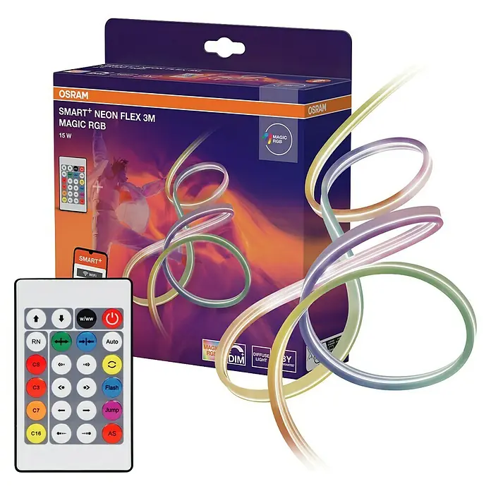 Osram Smart+ LED-Band Flex - Länge: 300 cm, Lichtfarbe: RGB, 15 W, 220 V - 240 V - Osram Smart+ Neon Flex 3M Magic RGB LED-Streifen mit Fernbedienung und Verpackung im Ansicht.