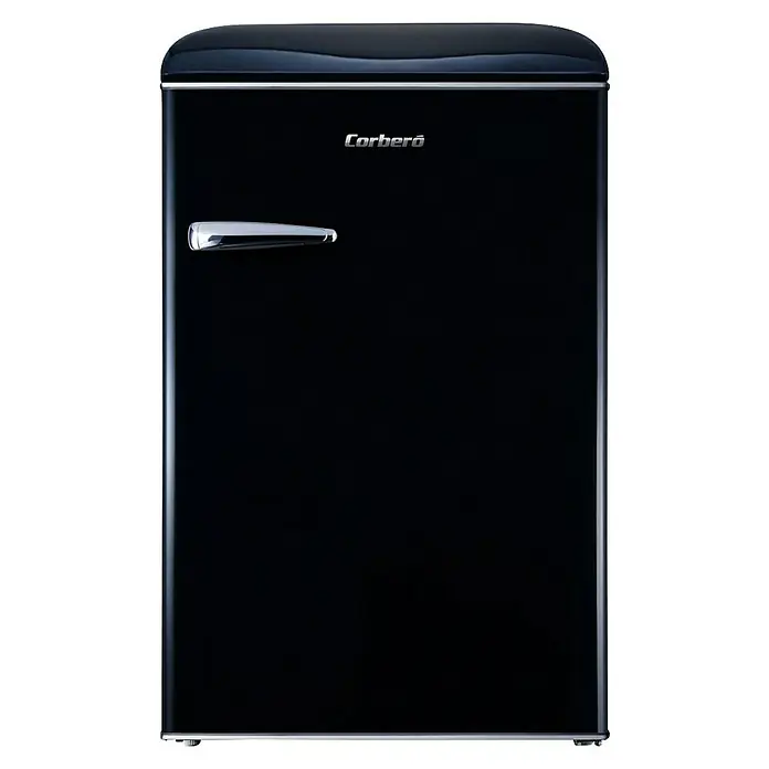 Corberó Nevera combi CF1PG90R - Contenido útil total: 111 l, 61,7 x 55,2 x 90 cm, Negro - Imagen de un frigorífico Corberó negro, con manijas y adornos cromados, que combina estilo y funcionalidad.