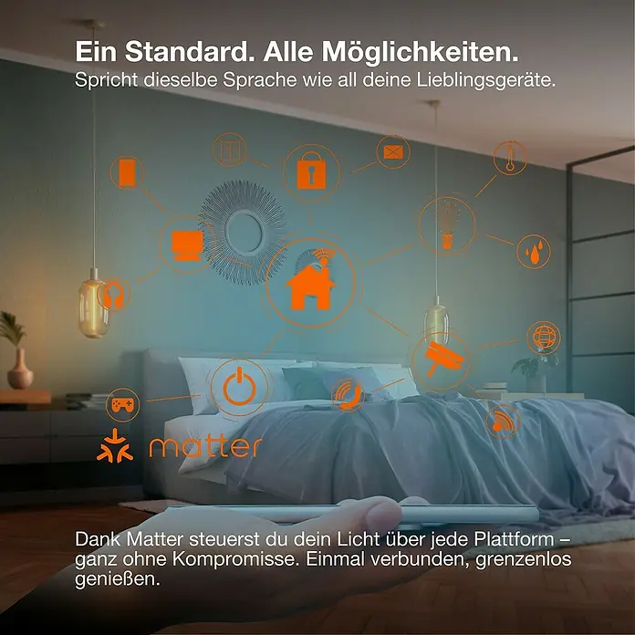 Osram Smart+ Smart-LED-Lampe matter - E27, Dimmbar, RGBW, 1.521 lm, 14 W - Matter Smart Home: Ein Standard für alle Geräte. Steuern Sie Ihr Licht über jede Plattform ohne Kompromisse.