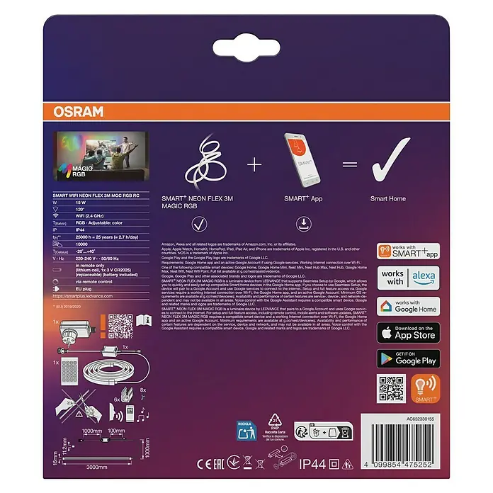 Osram Smart+ LED-Band Flex - Länge: 300 cm, Lichtfarbe: RGB, 15 W, 220 V - 240 V - Verpackung der SMART+ Neon Flex 3M MGC RGB RC LED-Leuchte von Osram, die intelligente Funktionen und Farbwechsel bietet.