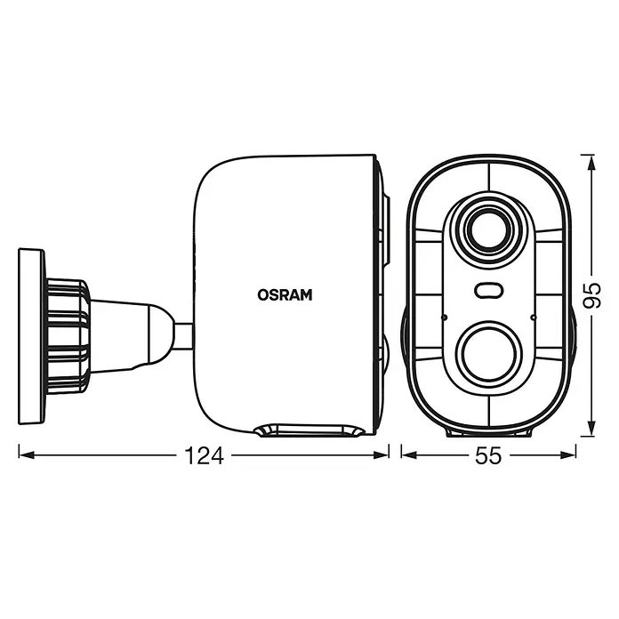 Osram Smart+ Überwachungskamera Battery Solar - Weiß - Bild einer OSRAM Überwachungskamera mit Seiten- und Frontansicht sowie Maßangaben (124 mm Länge, 55 mm Breite, 95 mm Höhe).