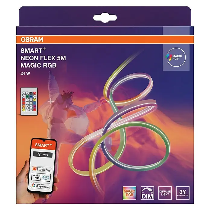 Osram Smart+ LED-Band Flex - Länge: 500 cm, Lichtfarbe: RGB, 24 W, 220 V - 240 V - Eine Osram Smart+ Neon Flex 5M Magic RGB Lichtleiste, die mit einem Smartphone und einer Fernbedienung gesteuert werden kann.