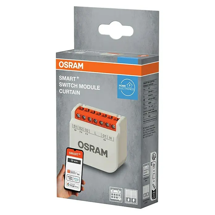 Osram Smart+ Schalter Vorhang - Weiß, Innen - Abbildung einer Osram Smart+ Schaltmodulvorrichtung zur Steuerung von Vorhängen, dargestellt in Originalverpackung.