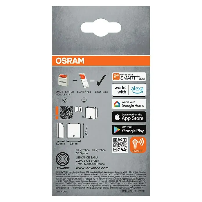 Osram Smart+ Schalter 1CH - Weiß, Innen - Verpackung des OSRAM Smart+ Switch Moduls 1CH. Ermöglicht die Steuerung von Geräten über die Smart+ App, Alexa und Google Home.