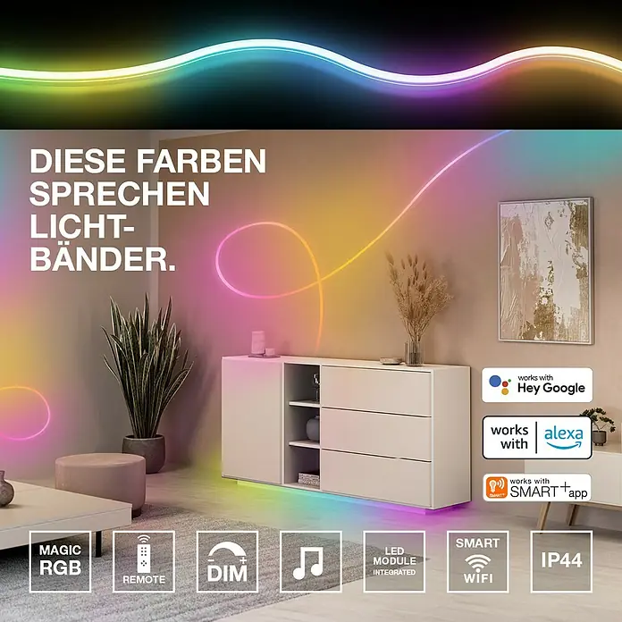Osram Smart+ LED-Band Flex - Länge: 300 cm, Lichtfarbe: RGB, 15 W, 220 V - 240 V - Das Bild zeigt LED-Lichtbänder in verschiedenen Farben, die eine stimmungsvolle Atmosphäre im Raum schaffen. Steuerung per App, Alexa oder Google.
