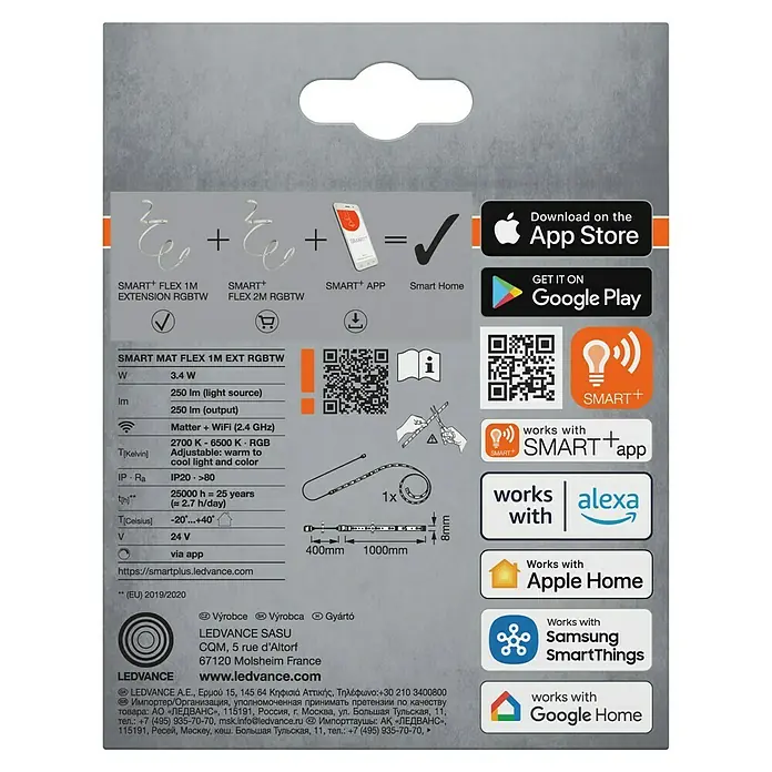 Osram Smart+ LED-Band Flex - Länge: 100 cm, Lichtfarbe: RGBW, 3,4 W, 250 lm, 220 V - 240 V - LEDVANCE Smart+ Flex 1M Extension RGBTW: Intelligente Beleuchtung für Ihr Zuhause, steuerbar per App und kompatibel mit verschiedenen Smart Home Systemen.