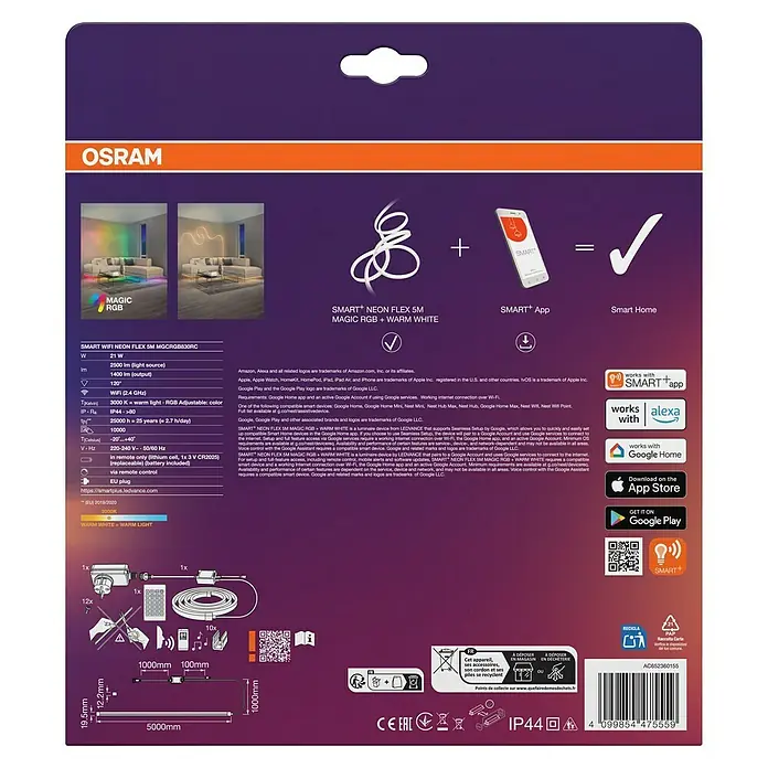 Osram Smart+ LED-Band Flex - Länge: 500 cm, Lichtfarbe: RGBW, 21 W, 2.500 lm, 220 V - 240 V - Verpackung der Osram Smart Neon Flex 5M MGCRGB830RC. Intelligente Beleuchtung für ein gemütliches Zuhause mit Farbwechsel und warmer Atmosphäre.