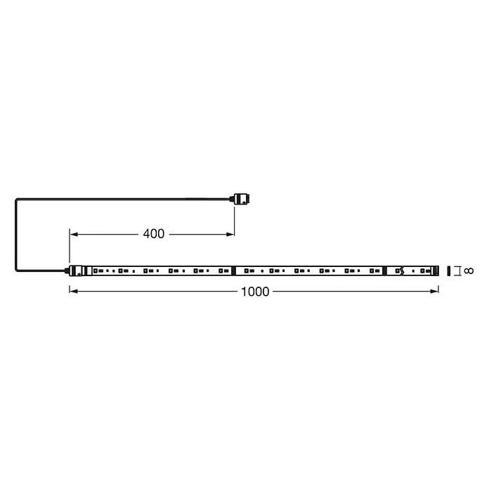 Osram Smart+ LED-Band Flex - Länge: 100 cm, Lichtfarbe: RGBW, 3,4 W, 250 lm, 220 V - 240 V - Die Abbildung zeigt eine LED-Leiste mit einer Länge von 1000 mm und einem 400 mm langen Kabel für den Anschluss.