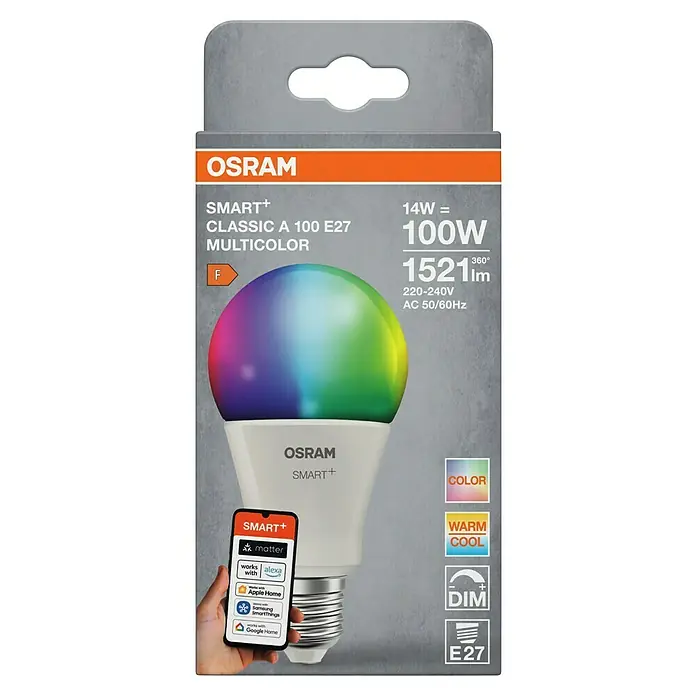 Osram Smart+ Smart-LED-Lampe matter - E27, Dimmbar, RGBW, 1.521 lm, 14 W - Das Bild zeigt die Verpackung einer intelligenten OSRAM SMART+ Multicolor Lampe, 14W entspricht 100W, mit E27 Sockel.