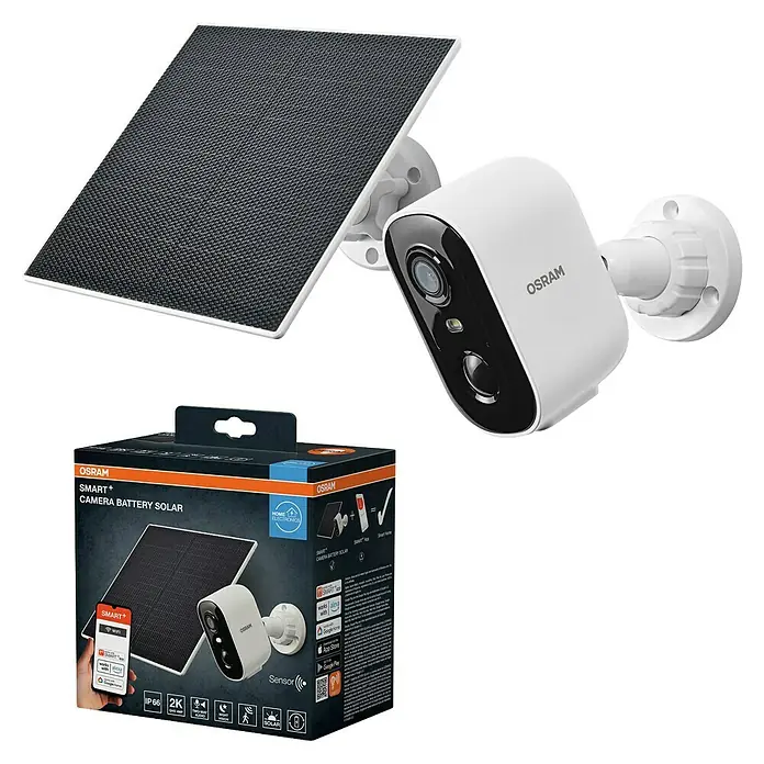 Osram Smart+ Überwachungskamera Battery Solar - Weiß - Produktbild der OSRAM Smart+ Kamera mit Solarpanel, einer intelligenten Überwachungslösung für Ihr Zuhause.
