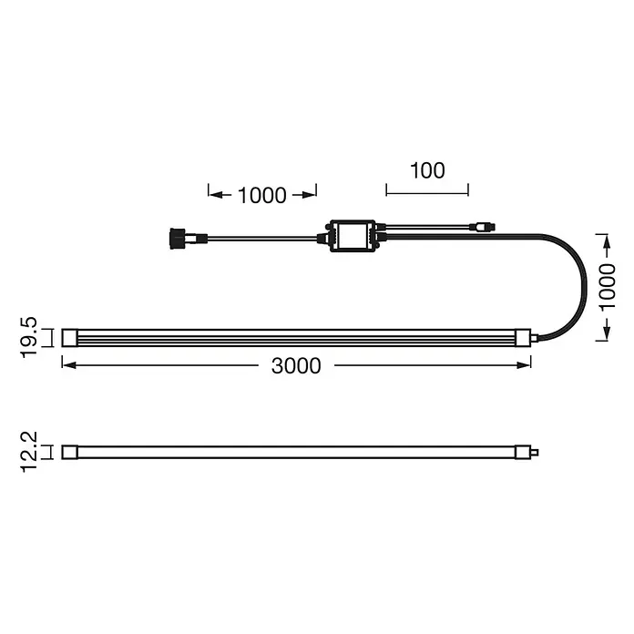Osram Smart+ LED-Band Flex - Länge: 300 cm, Lichtfarbe: RGBW, 14 W, 1.500 lm, 220 V - 240 V - Produktdiagramm eines LED-Lichtbalkens mit den Maßen 3000 x 19,5 mm und 12,2 mm mit Kabel und Anschlussdetails.