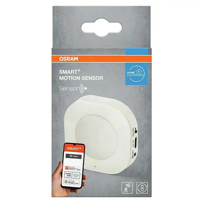 Osram Smart+ Bewegungsmelder - Weiß - Verpackung des OSRAM SMART+ Bewegungssensors für intelligente Hausautomatisierung mit WLAN, kompatibel mit Alexa und Google Home.