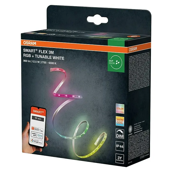 Osram Smart+ LED-Band Flex außen - Länge: 300 cm, Lichtfarbe: RGBW, 12,5 W, 740 lm, 220 V - 240 V - Das Produkt ist eine Osram Smart+ Flex 3M LED-Lichtleiste für den Außenbereich, die farbige Beleuchtung und einstellbares Weiß bietet.
