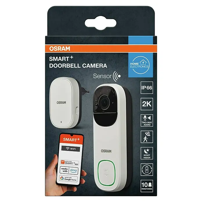 Osram Smart+ Türklingel mit Kamera - Weiß - Verpackung der OSRAM SMART+ Türklingelkamera mit Produktbildern und Logos.
