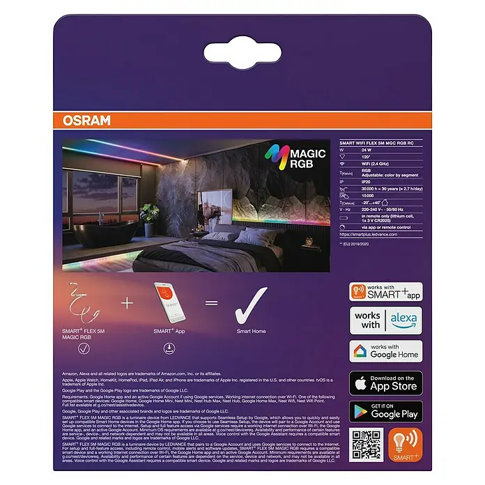 Ledvance LED-Stripes Smart WiFi Magic RGB Flex - Länge: 5 m, Lichtfarbe: RGB, 24 W - Produktverpackung für OSRAM SMART+ WiFi Flex 5M MGC RGB RC LED-Streifen für intelligente Beleuchtung.