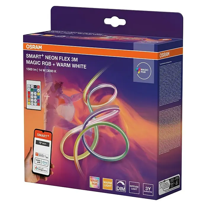 Osram Smart+ LED-Band Flex - Länge: 300 cm, Lichtfarbe: RGBW, 14 W, 1.500 lm, 220 V - 240 V - Bild einer OSRAM SMART+ Neon Flex 3M Lichtleiste, die magisches RGB und warmweißes Licht bietet.