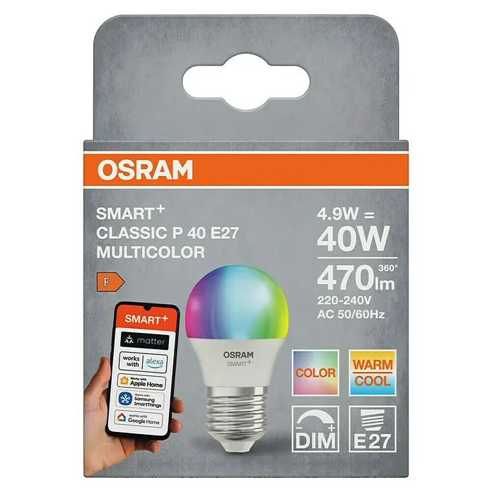 Osram Smart+ Smart-LED-Lampe matter - E27, Dimmbar, RGBW, 470 lm, 4,9 W - Verpackung einer Osram Smart+ Classic P 40 E27 Multicolor Lampe, die mit Smart Home Systemen kompatibel ist.