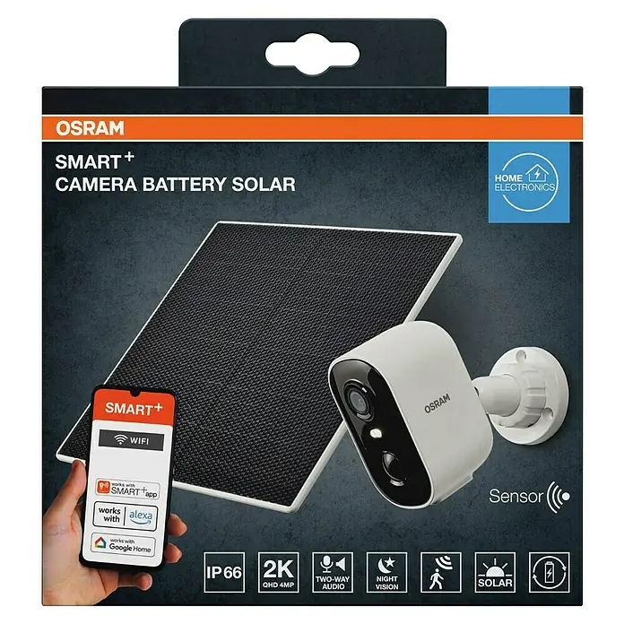 Osram Smart+ Überwachungskamera Battery Solar - Weiß - Abbildung einer OSRAM SMART+ Kamera mit Akku und Solarpanel, die mit Smart Home-Systemen wie Alexa und Google Home kompatibel ist.