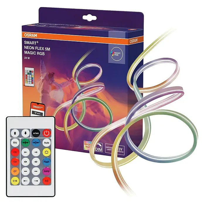 Osram Smart+ LED-Band Flex - Länge: 500 cm, Lichtfarbe: RGB, 24 W, 220 V - 240 V - Nahaufnahme der OSRAM SMART+ Neon Flex 5M Magic RGB LED-Leuchte mit Fernbedienung und Verpackung.