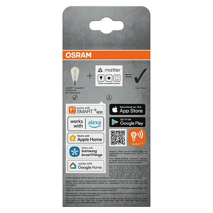 Osram Smart+ Smart-LED-Lampe Edison matter - E27, Dimmbar, Warmweiß, 806 lm, 6 W - Abbildung einer Osram Smart+ Filament Edison 60 E27 Dimmbare Lampe mit Smart Home Kompatibilität.