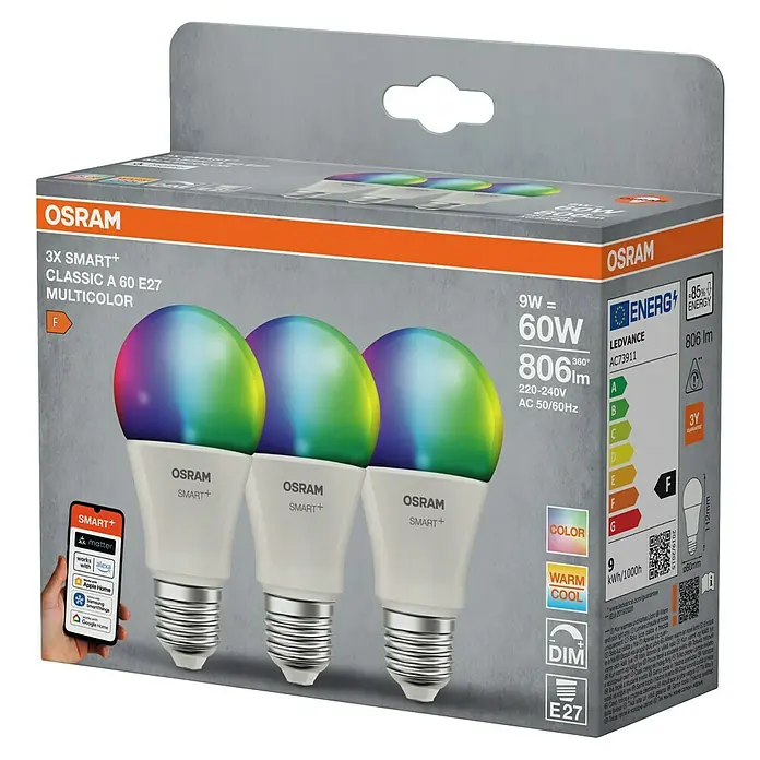 Osram Smart+ Smart-LED-Lampe matter - E27, Dimmbar, RGBW, 806 lm, 9 W, 3 Stk. - Abbildung einer Osram Smart+ Classic A 60 E27 Multicolor 3er-Packung, die smarte, farbige Beleuchtung für Ihr Zuhause bietet.