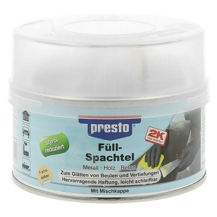 Presto Füllspachtel - 500 g, Materialeignung: Metall - Dose Presto Füllspachtel, ideal zum Glätten von Metall, Holz und Beton. Styrol-reduziert, mit hervorragender Haftung und leichter Schleifbarkeit.