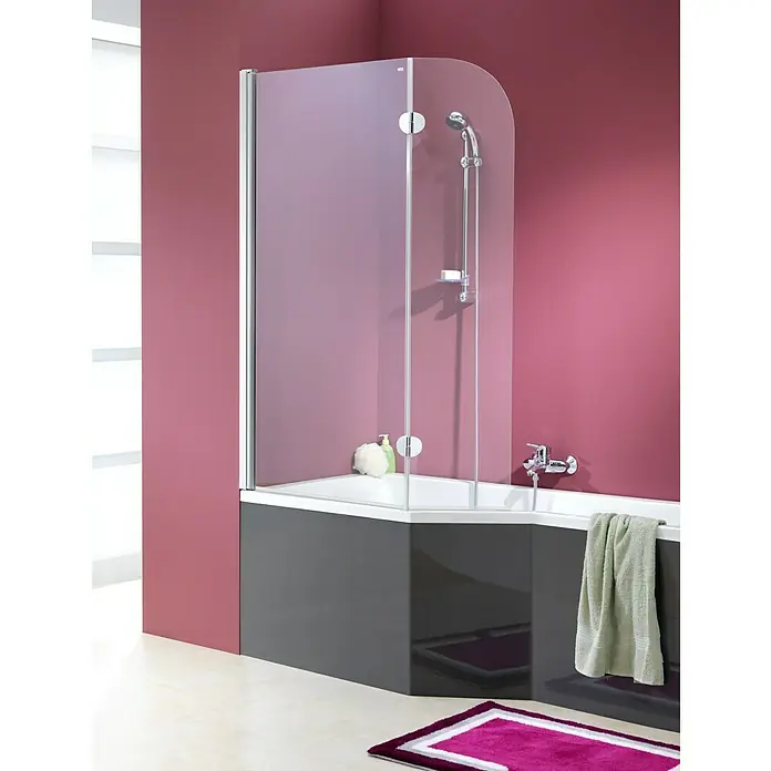 Ottofond Raumsparbadewanne Flint B - 150 x 75 cm, Sanitäracryl, Weiß, Links - Dieses Bild zeigt eine Duschkabine mit einer modernen Armatur und einem Handtuchhalter. Die Duschkabine verfügt über eine klare Glasabtrennung.