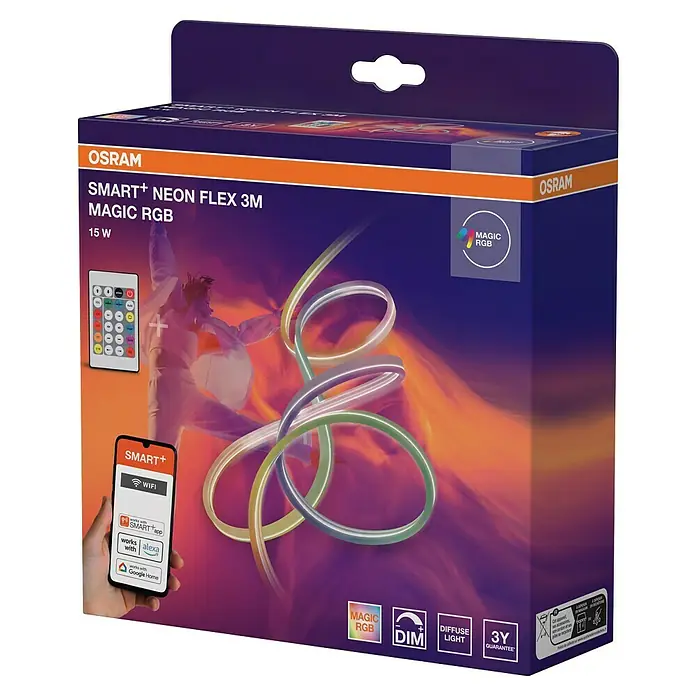 Osram Smart+ LED-Band Flex - Länge: 300 cm, Lichtfarbe: RGB, 15 W, 220 V - 240 V - Bild einer Osram Smart+ Neon Flex 3M Magic RGB Leuchte, die smarte Beleuchtung mit Farbwechsel bietet und sich per App steuern lässt.