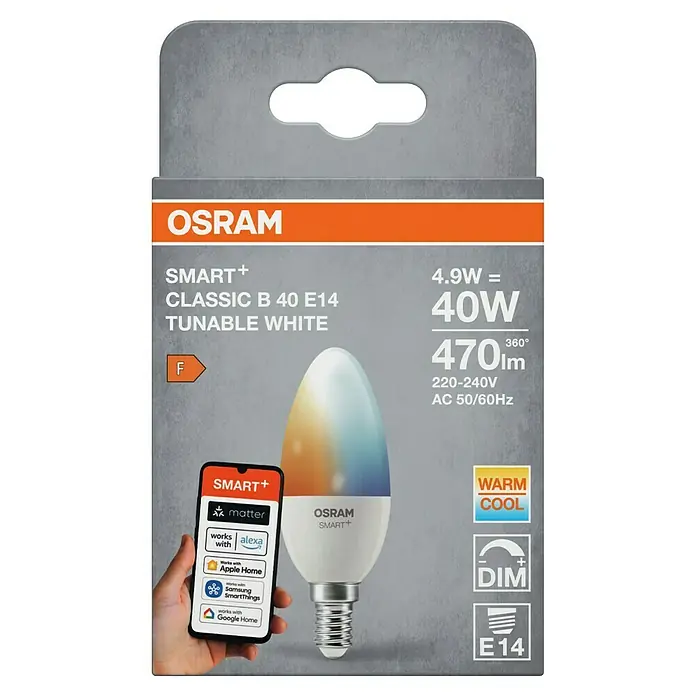 Osram Smart+ Smart-LED-Lampe B40 matter - E14, Dimmbar, Tageslichtweiß, 470 lm, 4,9 W - Packung einer Osram Smart+ Classic B 40 E14 Tunable White Lampe, die mit Alexa, Apple Home und Google Home kompatibel ist.