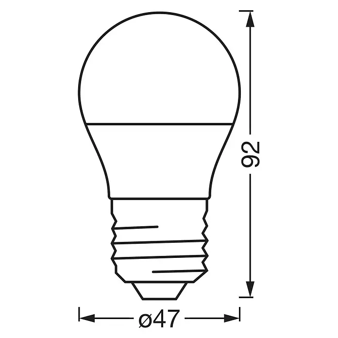Osram Smart+ Smart-LED-Lampe matter - E27, Dimmbar, RGBW, 470 lm, 4,9 W - Darstellung einer LED-Glühbirne mit Abmessungen.