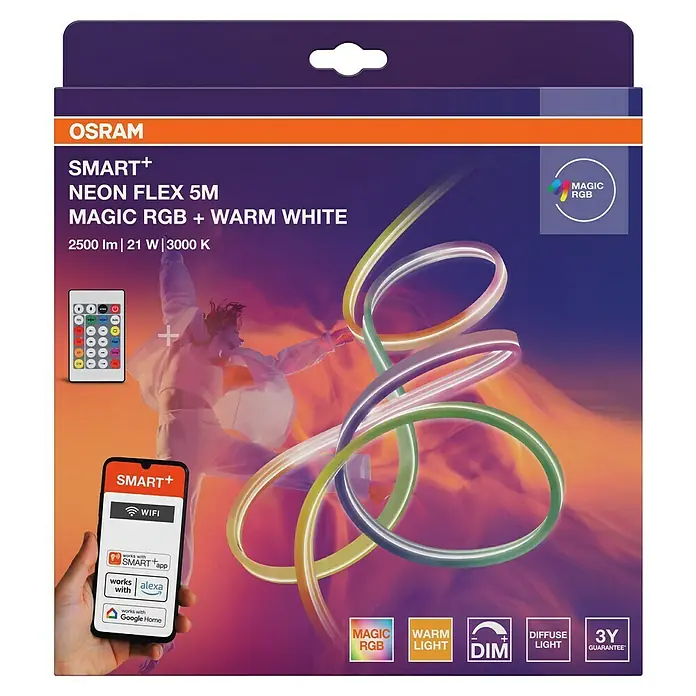 Osram Smart+ LED-Band Flex - Länge: 500 cm, Lichtfarbe: RGBW, 21 W, 2.500 lm, 220 V - 240 V - Das Bild zeigt eine Osram Smart+ Neon Flex 5M LED-Leuchte mit RGB- und Warmweiß-Funktion, ideal für stimmungsvolle Beleuchtung.