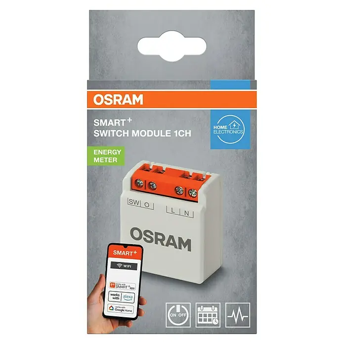 Osram Smart+ Schalter 1CH - Weiß, Innen - Eine Produktverpackung für einen OSRAM Smart+ Switch Module 1CH. Dieses Modul ist mit Smart Home Systemen kompatibel und dient zur Energiemessung.