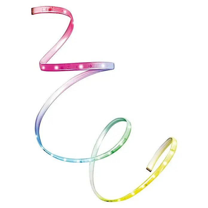 Osram Smart+ LED-Band Flex - Länge: 300 cm, Lichtfarbe: RGB, 15,5 W, 220 V - 240 V - Nahaufnahme eines mehrfarbigen LED-Streifens, der sich wellenförmig bewegt und von Rot über Grün bis Gelb verläuft. Ideal zur Akzentbeleuchtung.