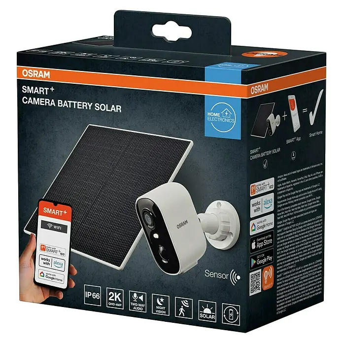 Osram Smart+ Überwachungskamera Battery Solar - Weiß - Verpackung der Osram Smart+ Solar-Überwachungskamera mit Akku, die eine einfache und kabellose Überwachung ermöglicht.